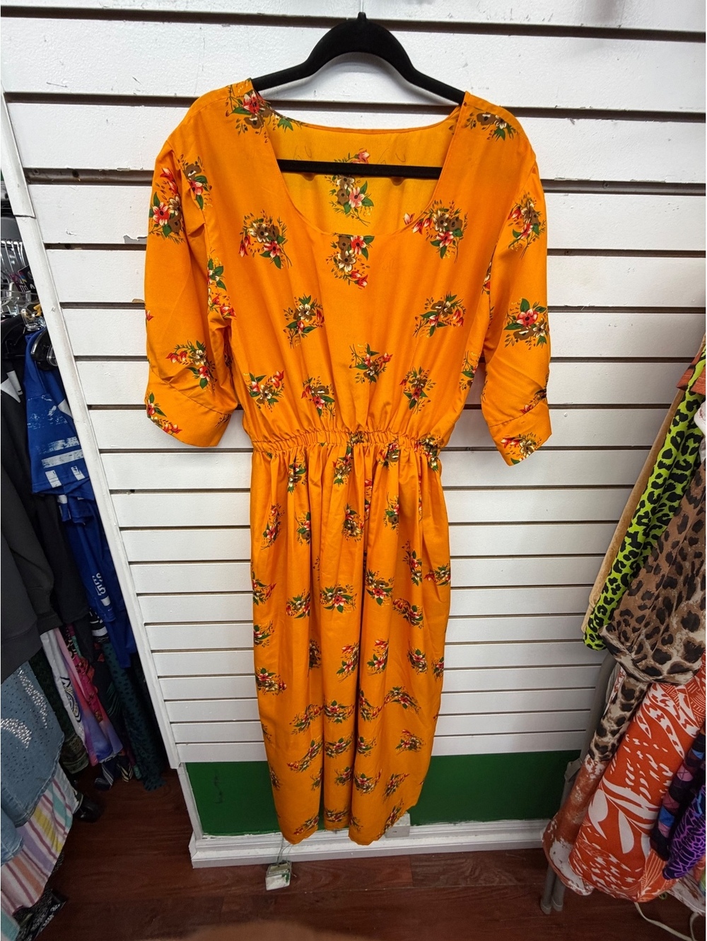 Women’s Orange Floral Midi Dress 3/4 Sleeve Elastic Waist Fits Up to Large